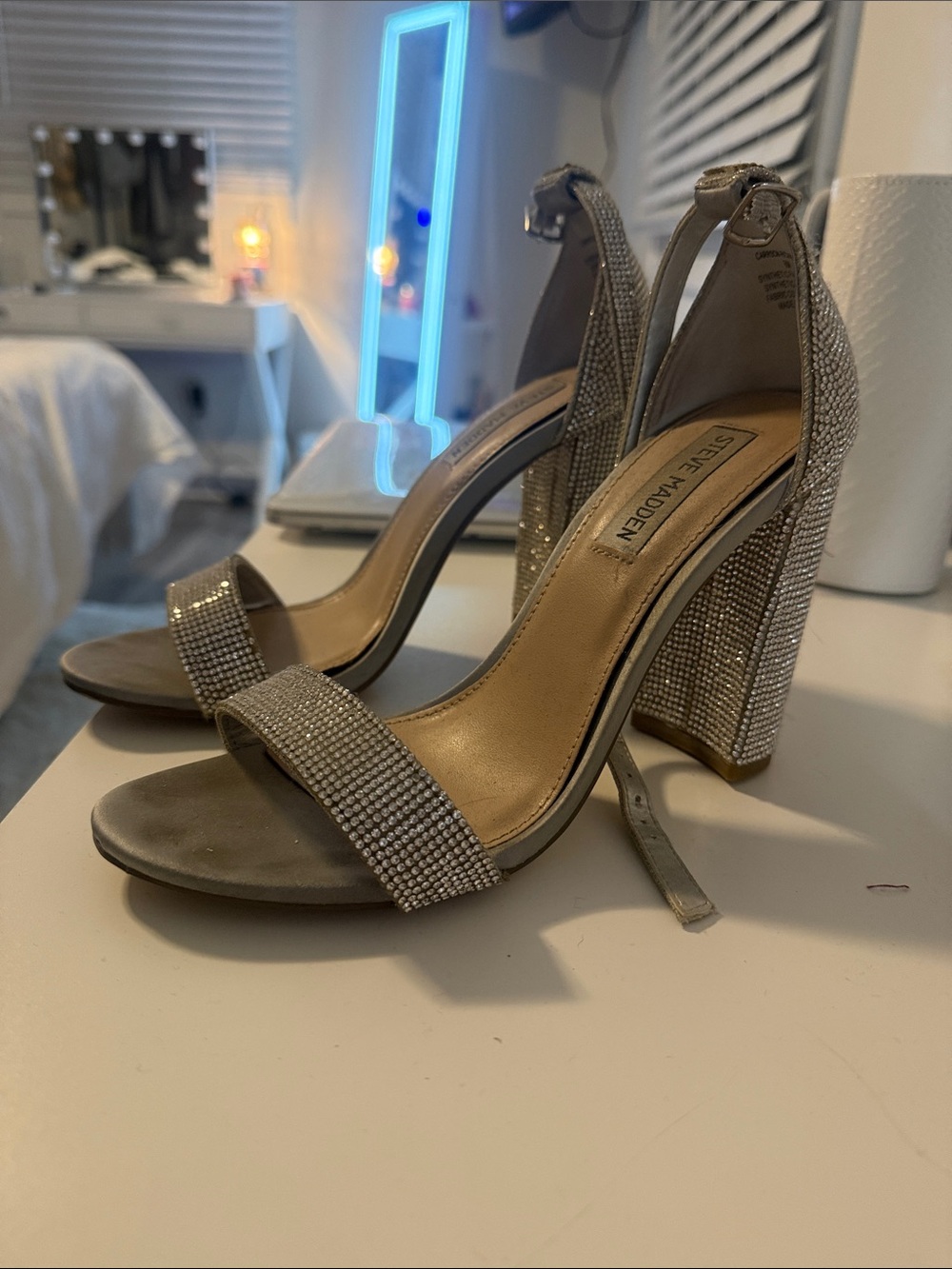 Steve Madden Silver Rhinestone Block Heel Sandals with Ankle Strap